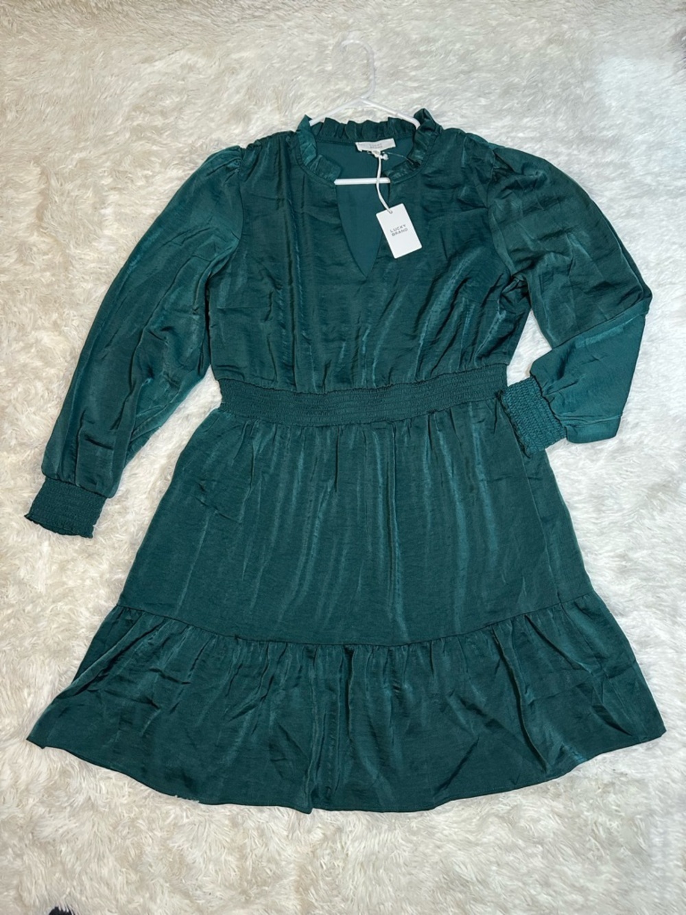 Lucky Brand Emerald Long-Sleeve V-Neck Smocked Mini Dress Ruffle XL Elegant - Picture 2 of 11